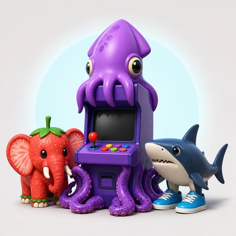 Arcadopus brainrot with a purple arcade cabinet, cyan screen and red squid tentacles