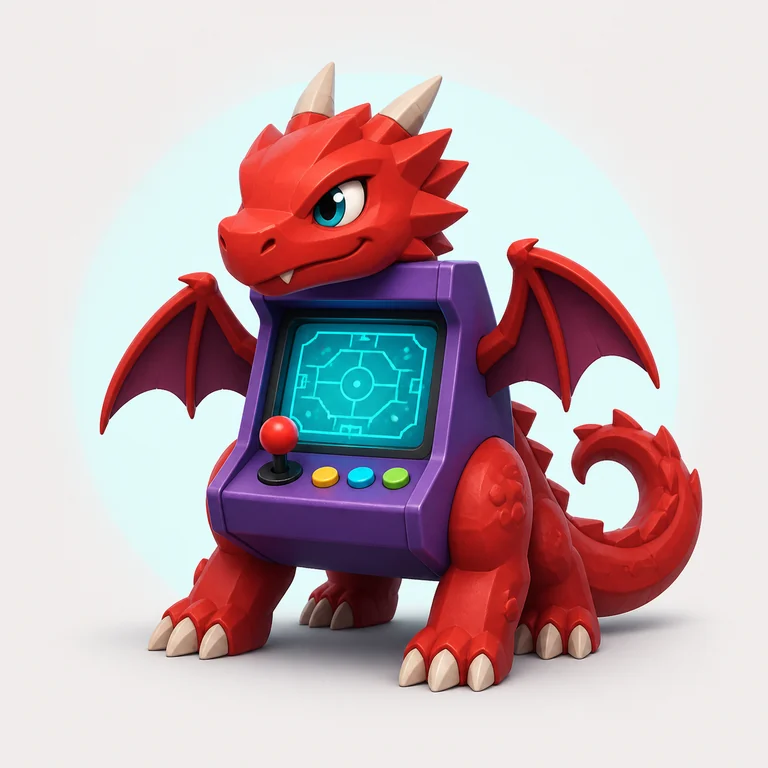 Arcadragon merah bersayap dengan kabinet arcade yang menampilkan peta Steal a Brainrot