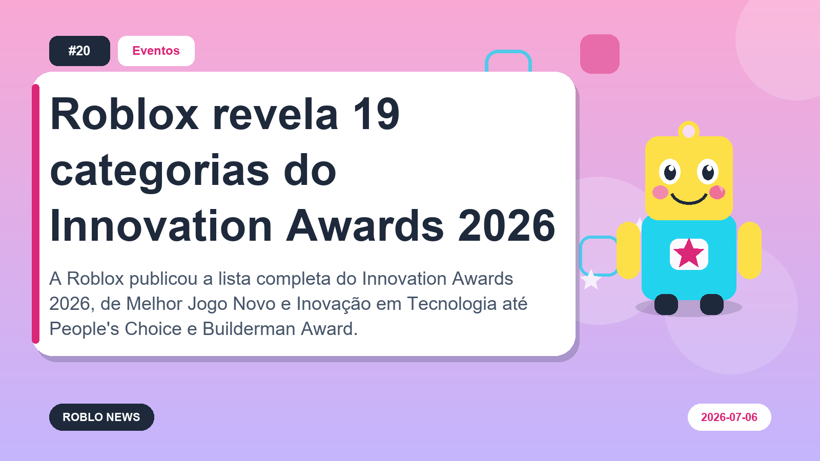 Roblox revela 19 categorias do Innovation Awards 2026