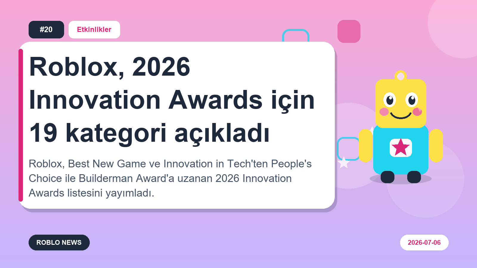 Roblox, 2026 Innovation Awards için 19 kategori açıkladı