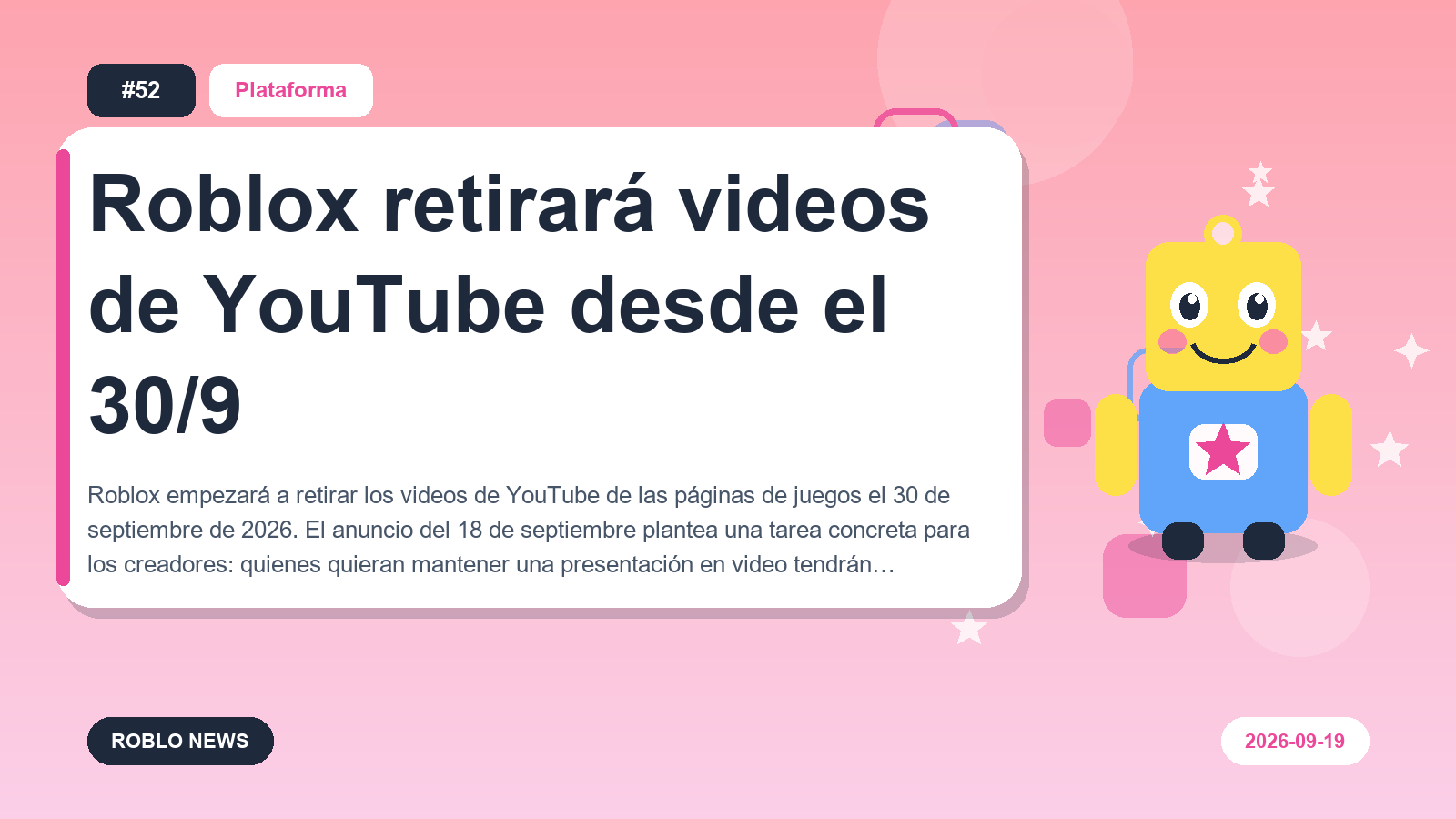 Roblox retirará videos de YouTube desde el 30/9